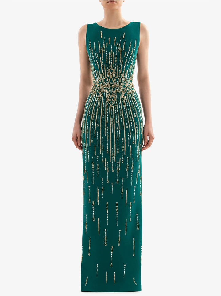 EMERALD DRESS WITH INTRICAT GOLD BEADWORK