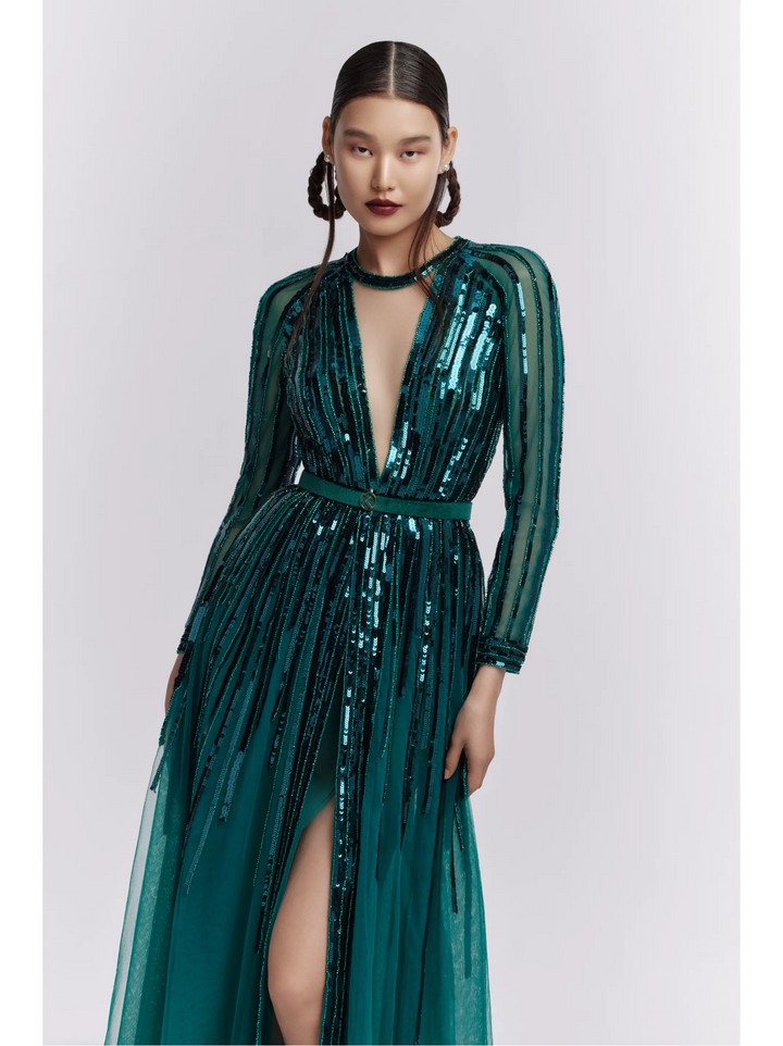 Sequins Full Sleeves Jumpsuit With Plunging Neckline
