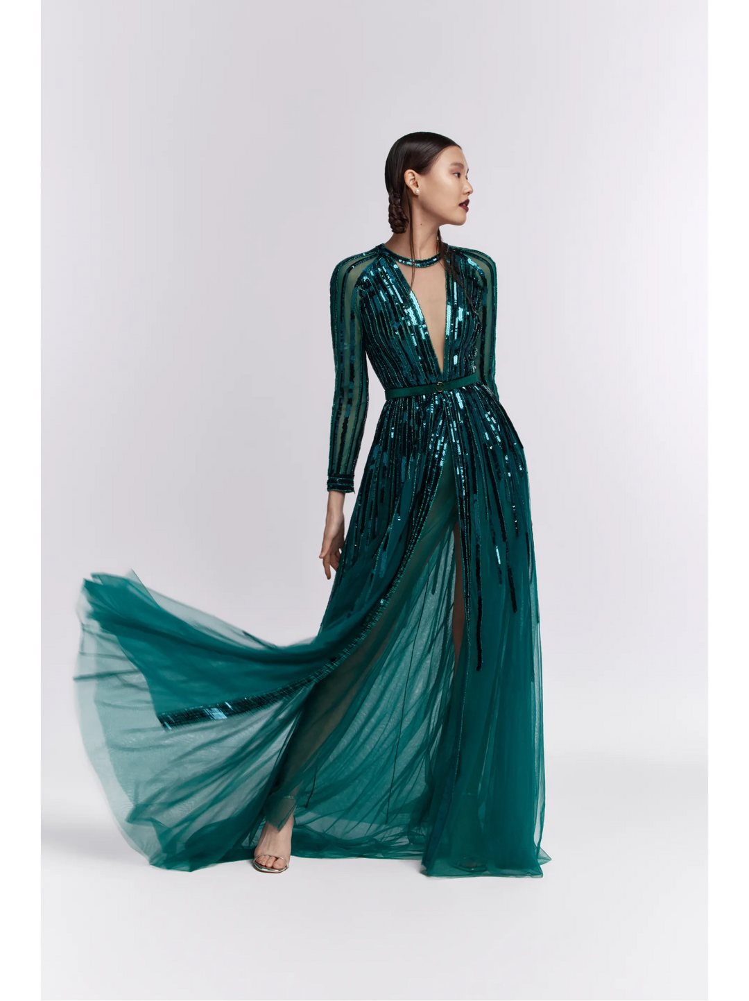 Sequins Full Sleeves Jumpsuit With Plunging Neckline