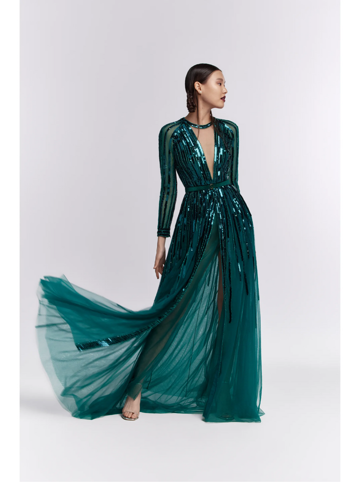 Sequins Full Sleeves Jumpsuit With Plunging Neckline