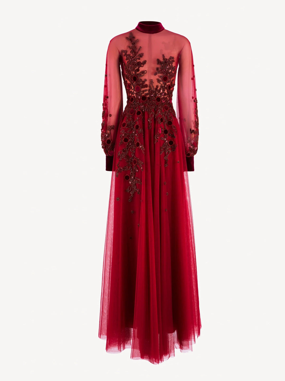 BURGUNDY EMBROIDERED VELVET CIRCLE DRESS