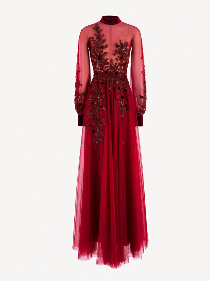 BURGUNDY EMBROIDERED VELVET CIRCLE DRESS