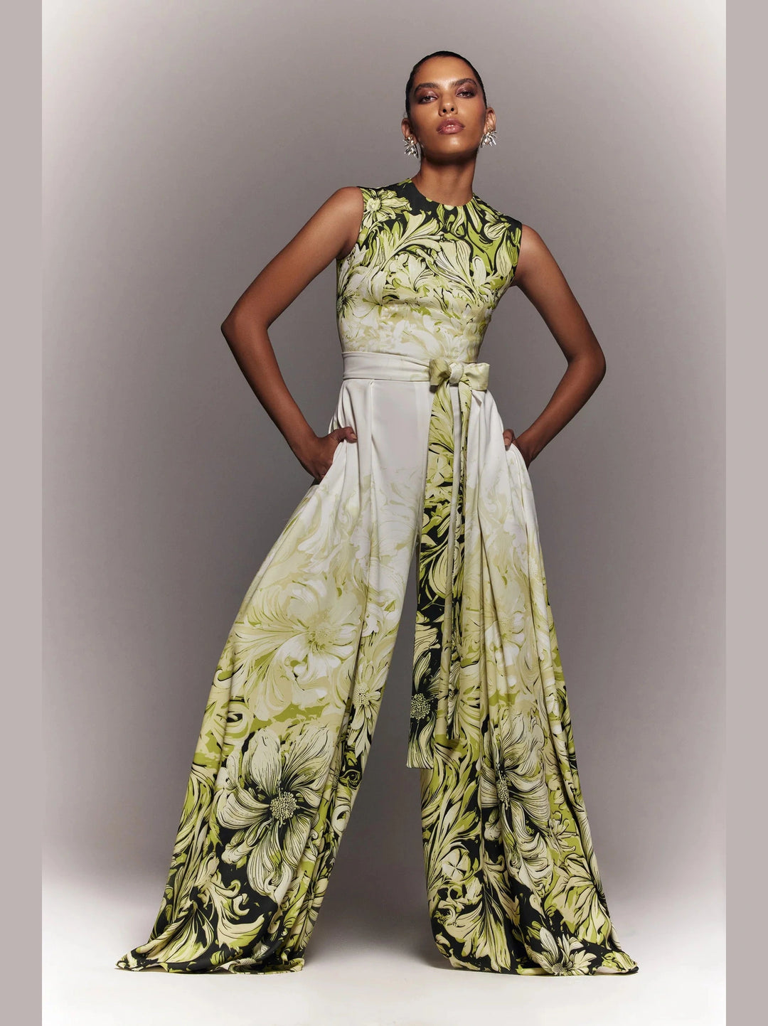 Lime Printed Crepe Jumpsuit