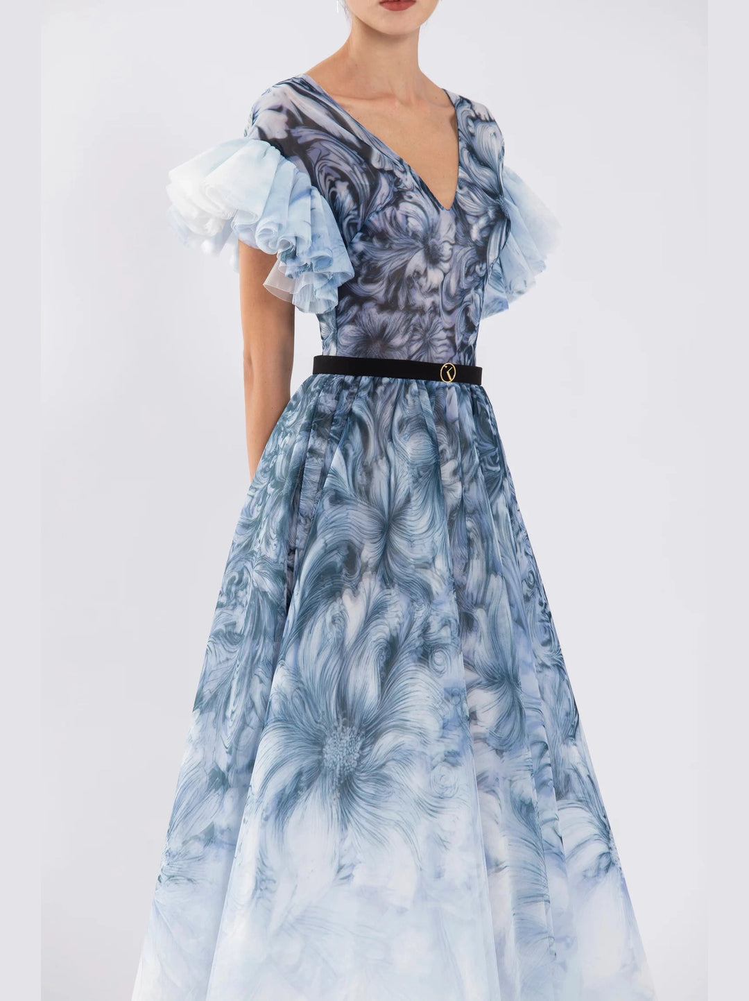 Printed Tulle Dress with Plunging Neckline