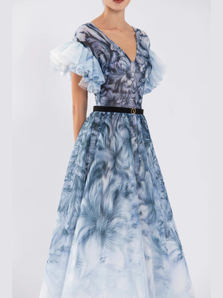 Printed Tulle Dress with Plunging Neckline