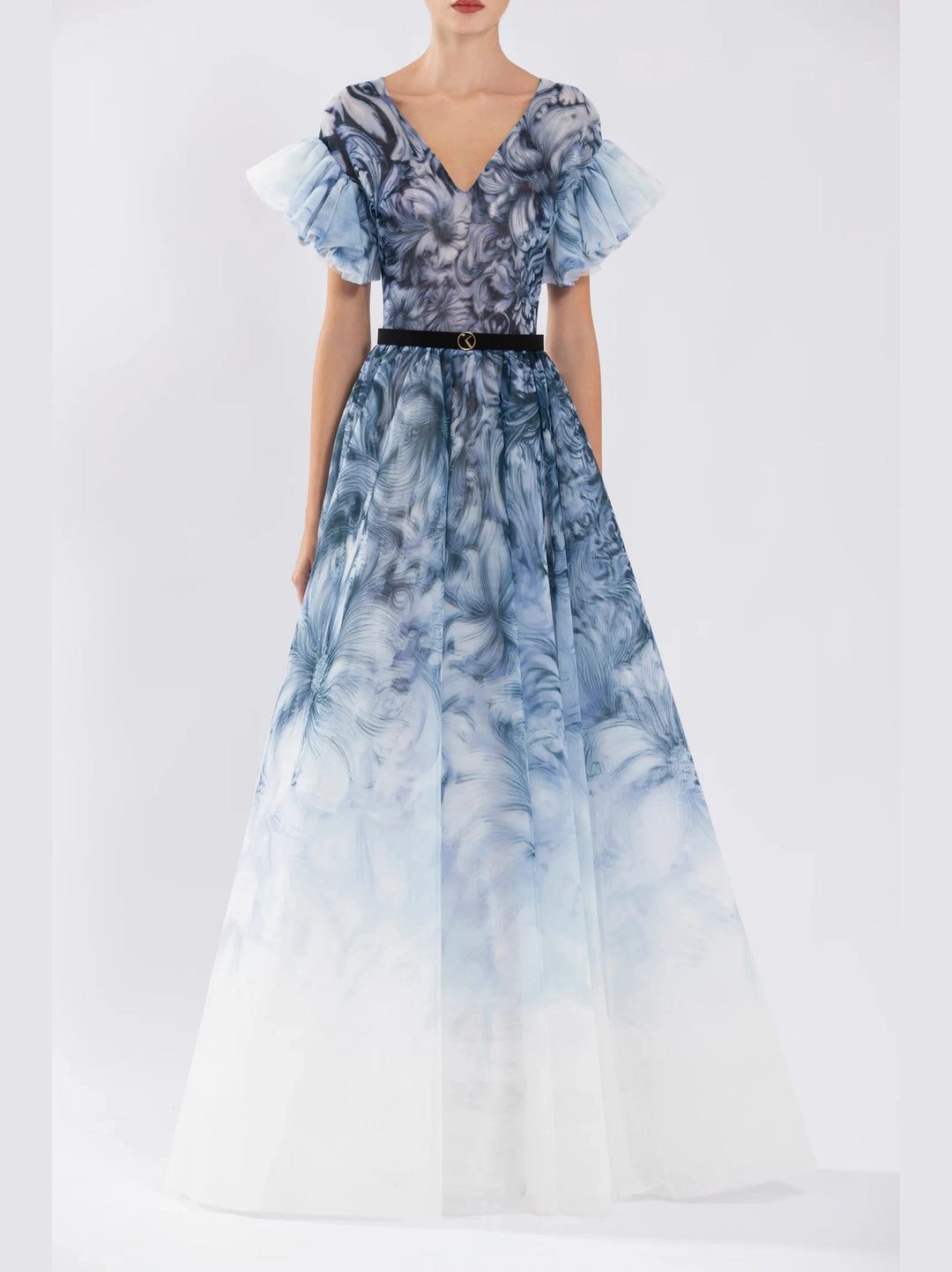 Printed Tulle Dress with Plunging Neckline