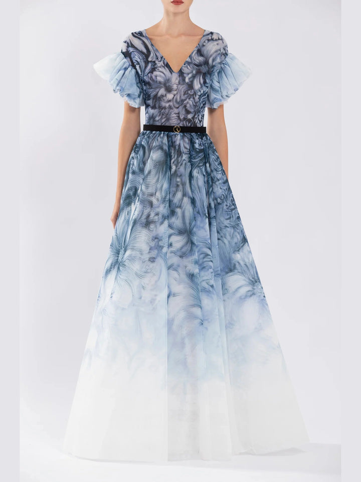 Printed Tulle Dress with Plunging Neckline