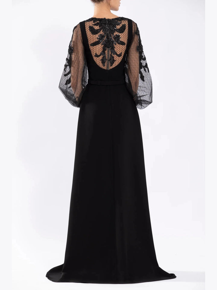 CREPE DRESS WITH BEADED LACE SLEEVES
