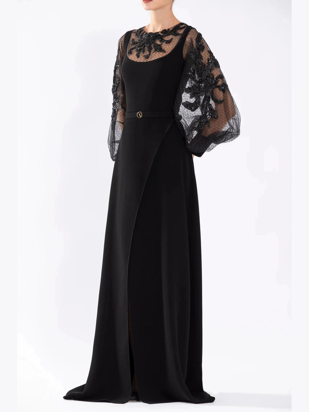 CREPE DRESS WITH BEADED LACE SLEEVES