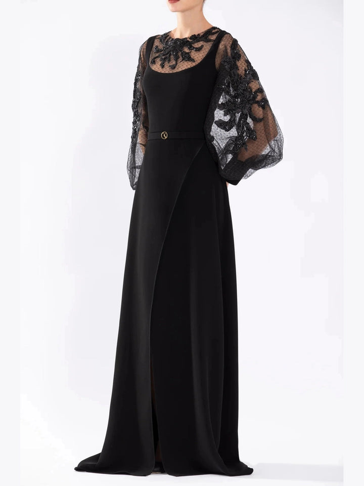 CREPE DRESS WITH BEADED LACE SLEEVES