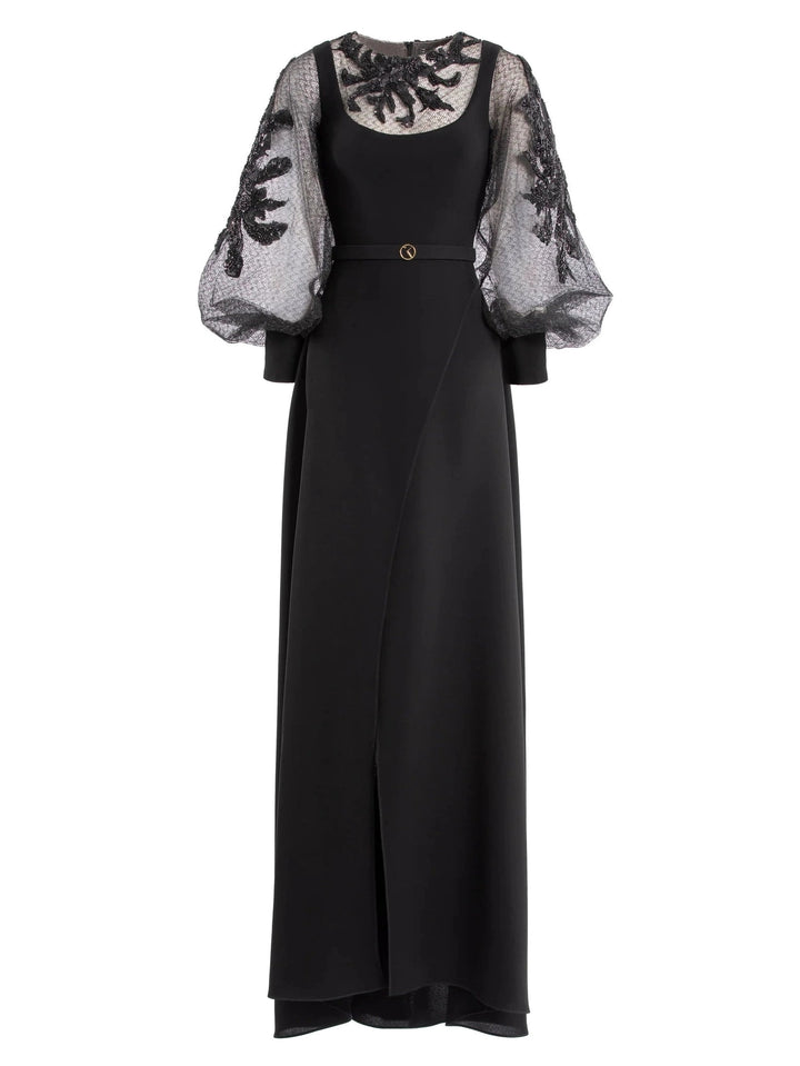 CREPE DRESS WITH BEADED LACE SLEEVES