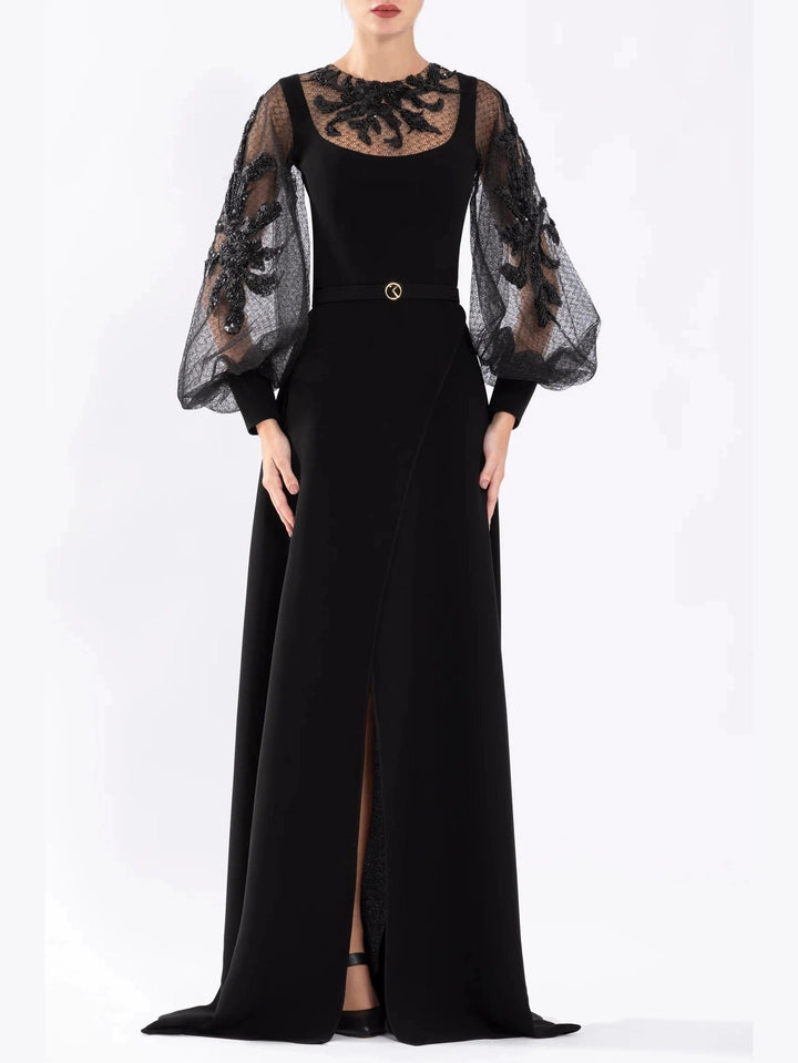 CREPE DRESS WITH BEADED LACE SLEEVES
