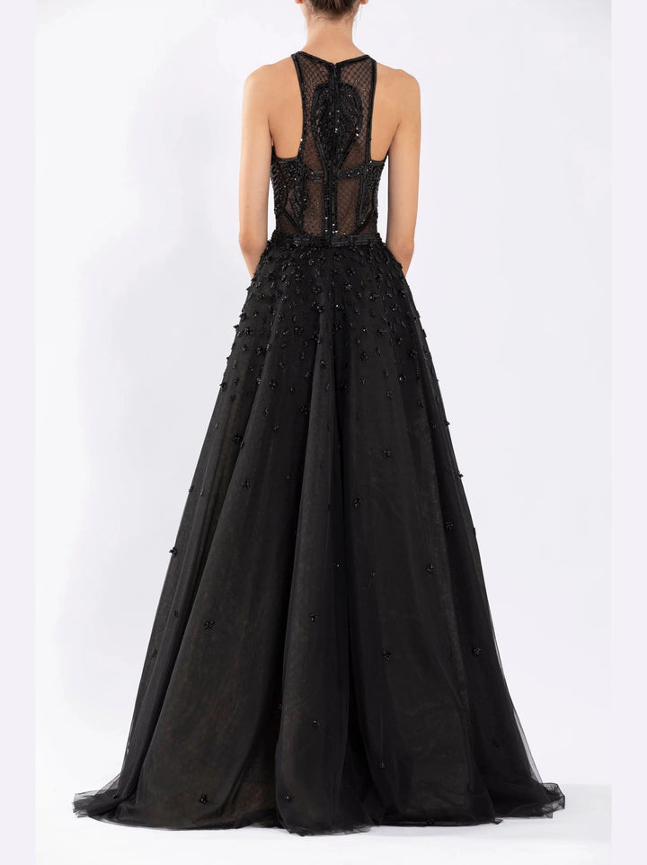 BEADED TULE DRESS WITH HALTER NECK