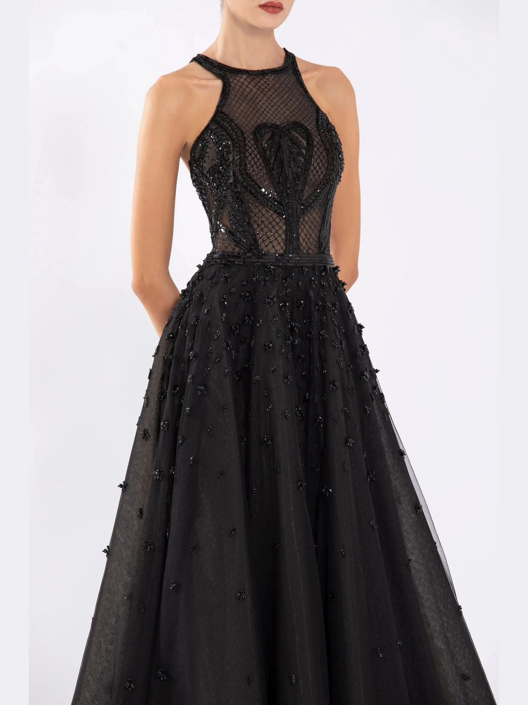 BEADED TULE DRESS WITH HALTER NECK