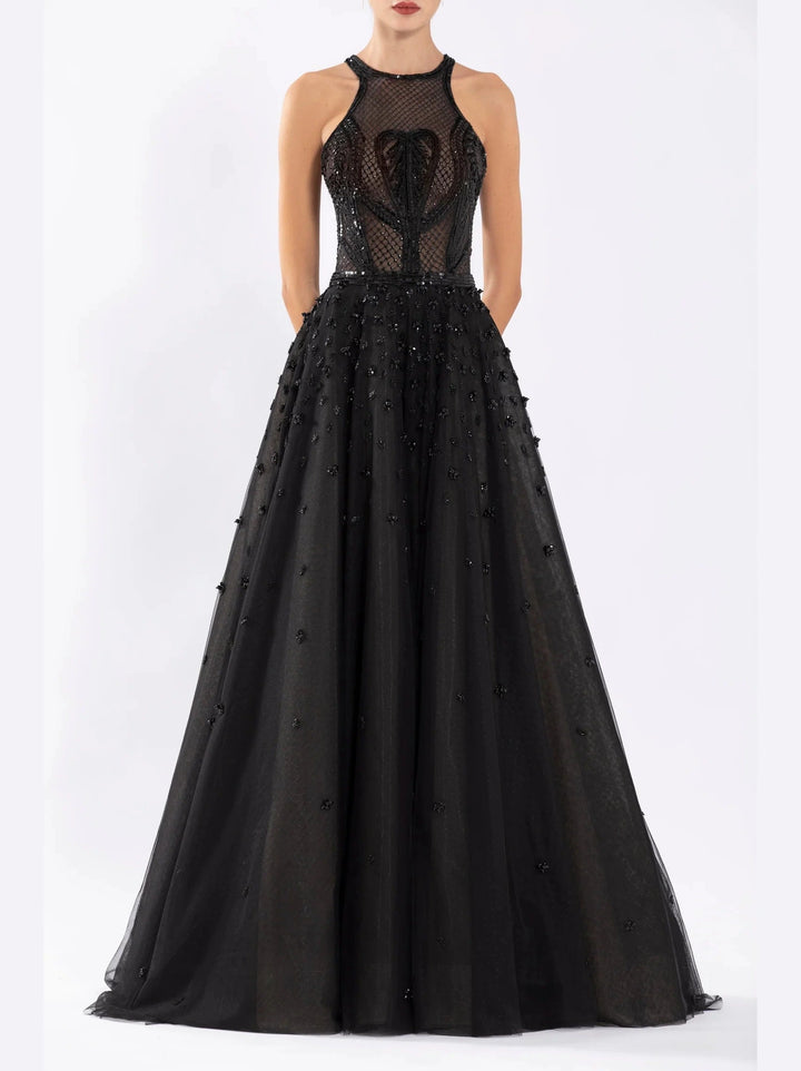 BEADED TULE DRESS WITH HALTER NECK