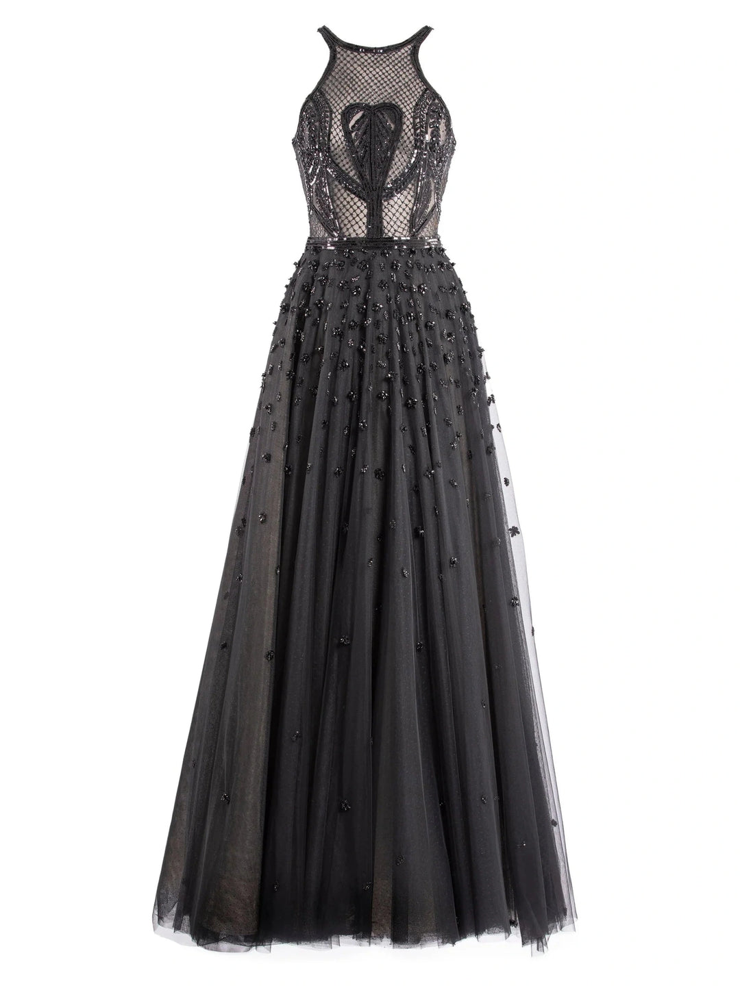 BEADED TULE DRESS WITH HALTER NECK