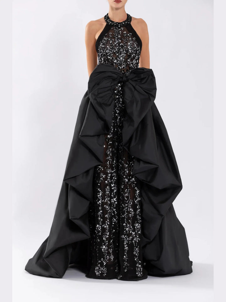 Tulle Beaded Jumpsuit with Halter Neckline