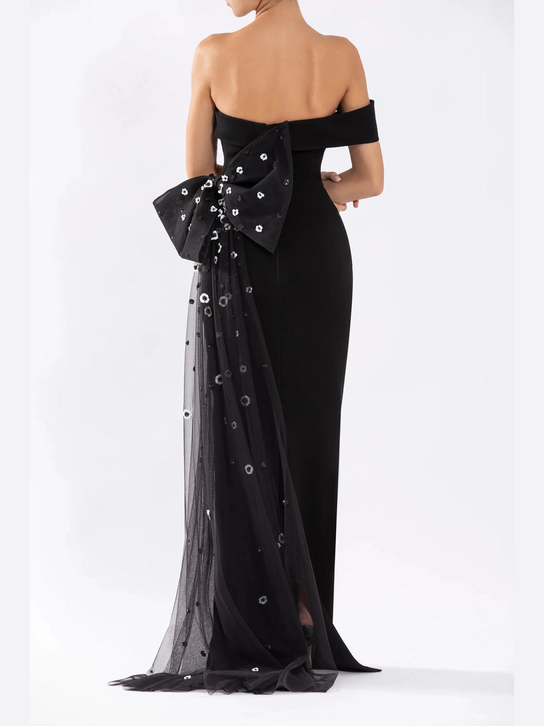 CREPE DRESS WITH BEADED BOW AND TULLE