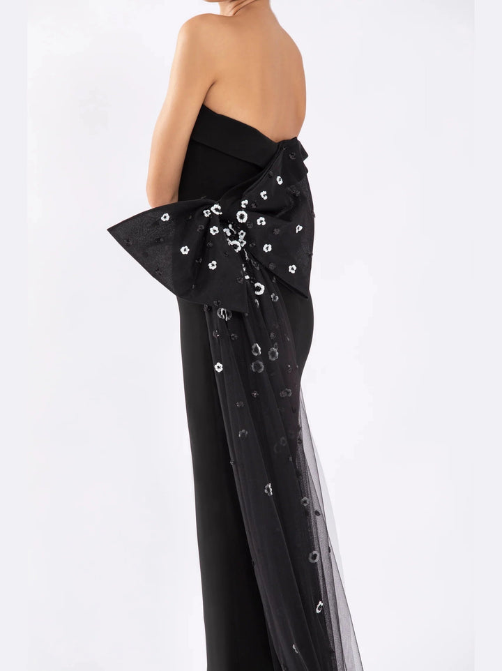 CREPE DRESS WITH BEADED BOW AND TULLE
