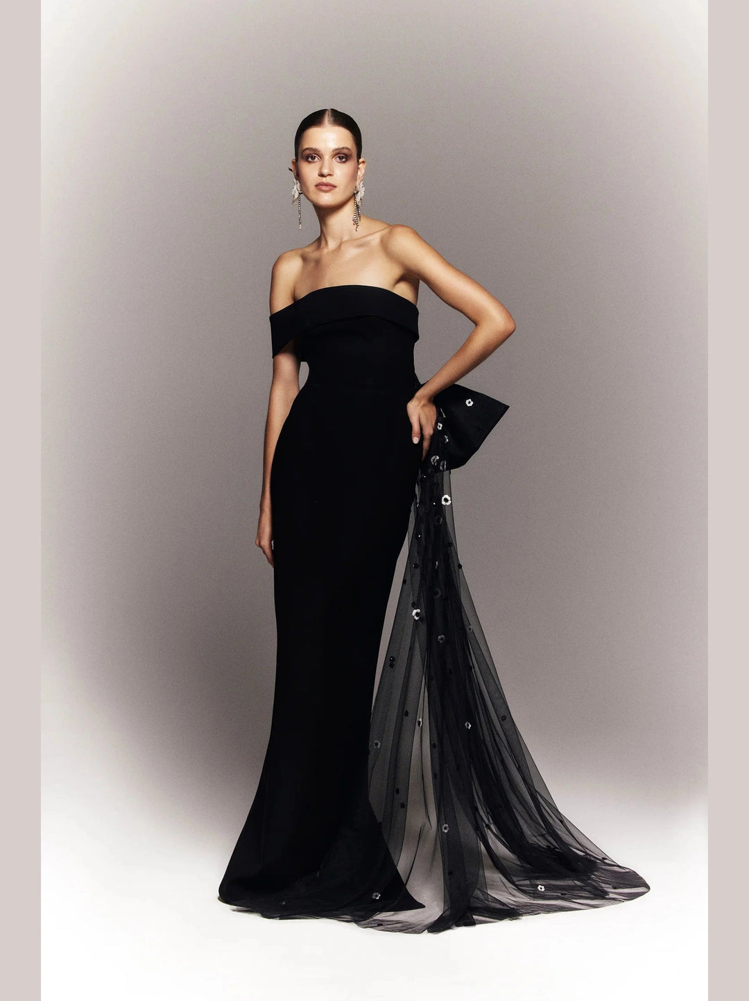 CREPE DRESS WITH BEADED BOW AND TULLE