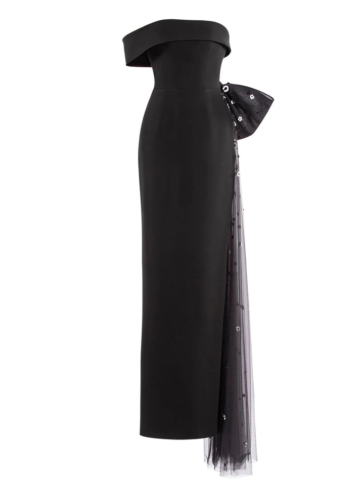CREPE DRESS WITH BEADED BOW AND TULLE
