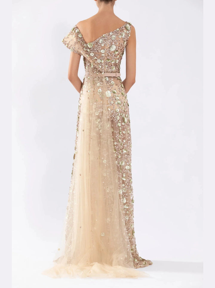 SKIN TULLE BEADED OFF SHOULDER DRESS