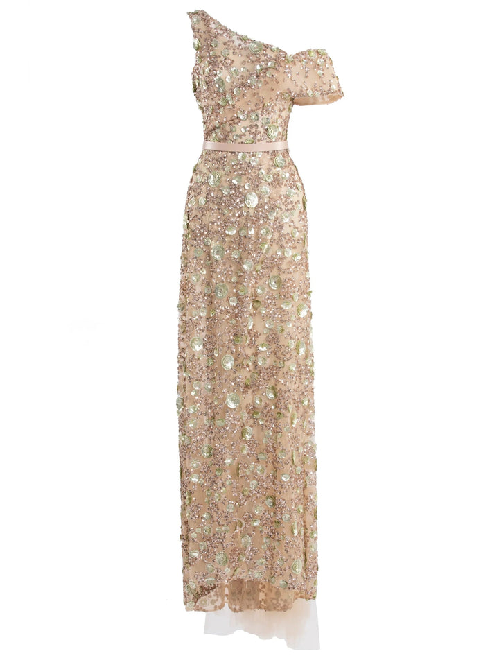 SKIN TULLE BEADED OFF SHOULDER DRESS