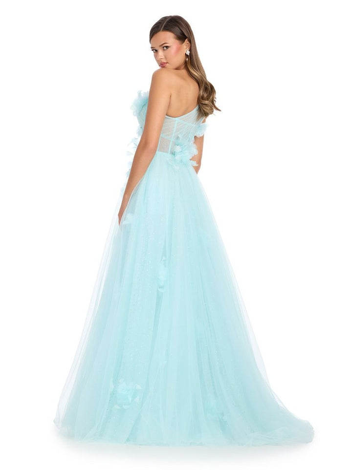 One Shoulder Tulle Ball Gown with Floral Accents