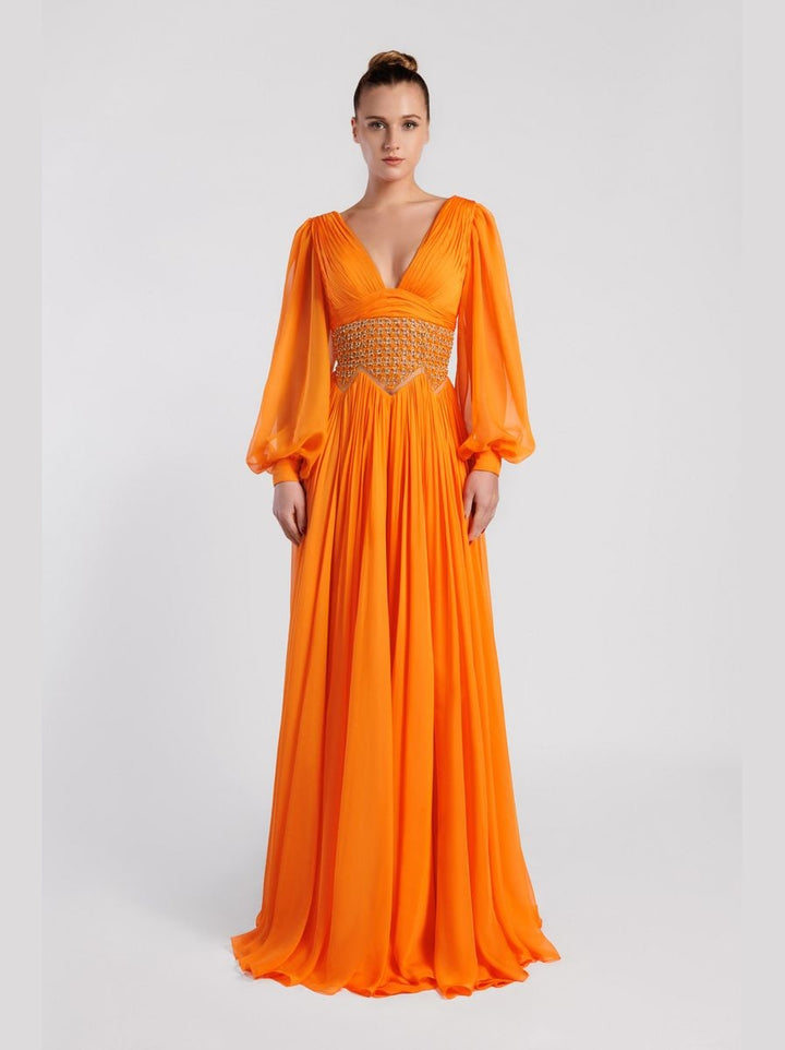 V-Neck Flared Evening Dress with Bishop Sleeves and Open Back