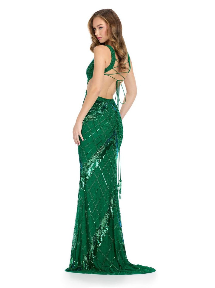 Fully Beaded Gown with V-Neckline & Lace Up Back