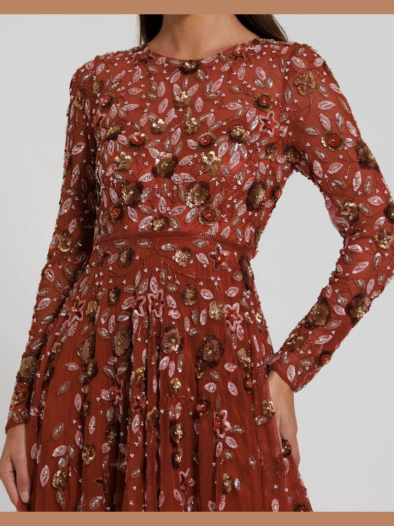Embellished High Neck Long Sleeve A Line Gown
