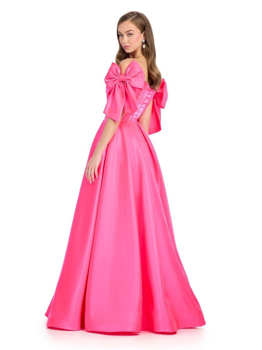 Satin A-Line Gown with Corset Bustier & Off Shoulder Bows