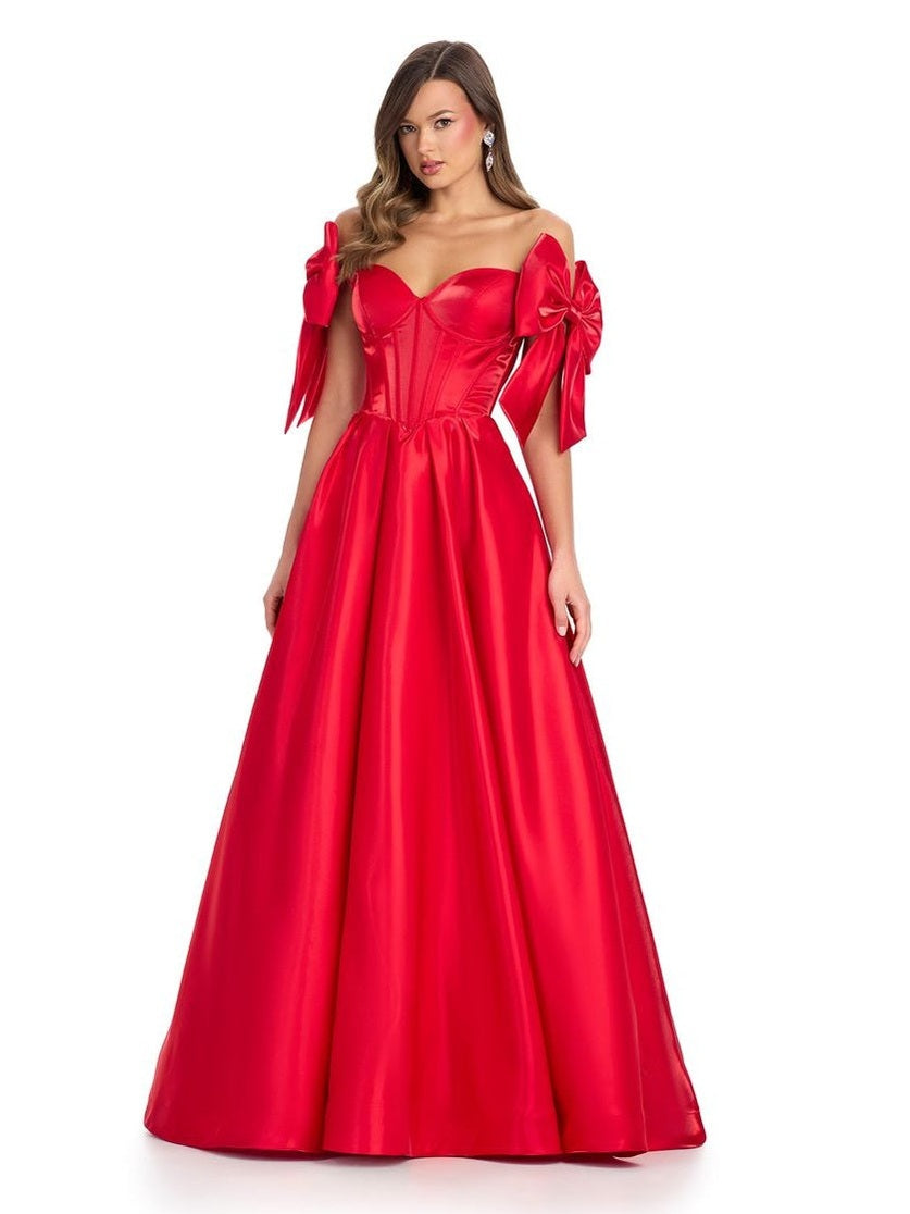 Satin A-Line Gown with Corset Bustier & Off Shoulder Bows