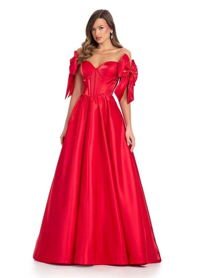 Satin A-Line Gown with Corset Bustier & Off Shoulder Bows