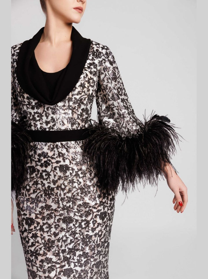 Patterned Evening Dress with Feather Sleeves