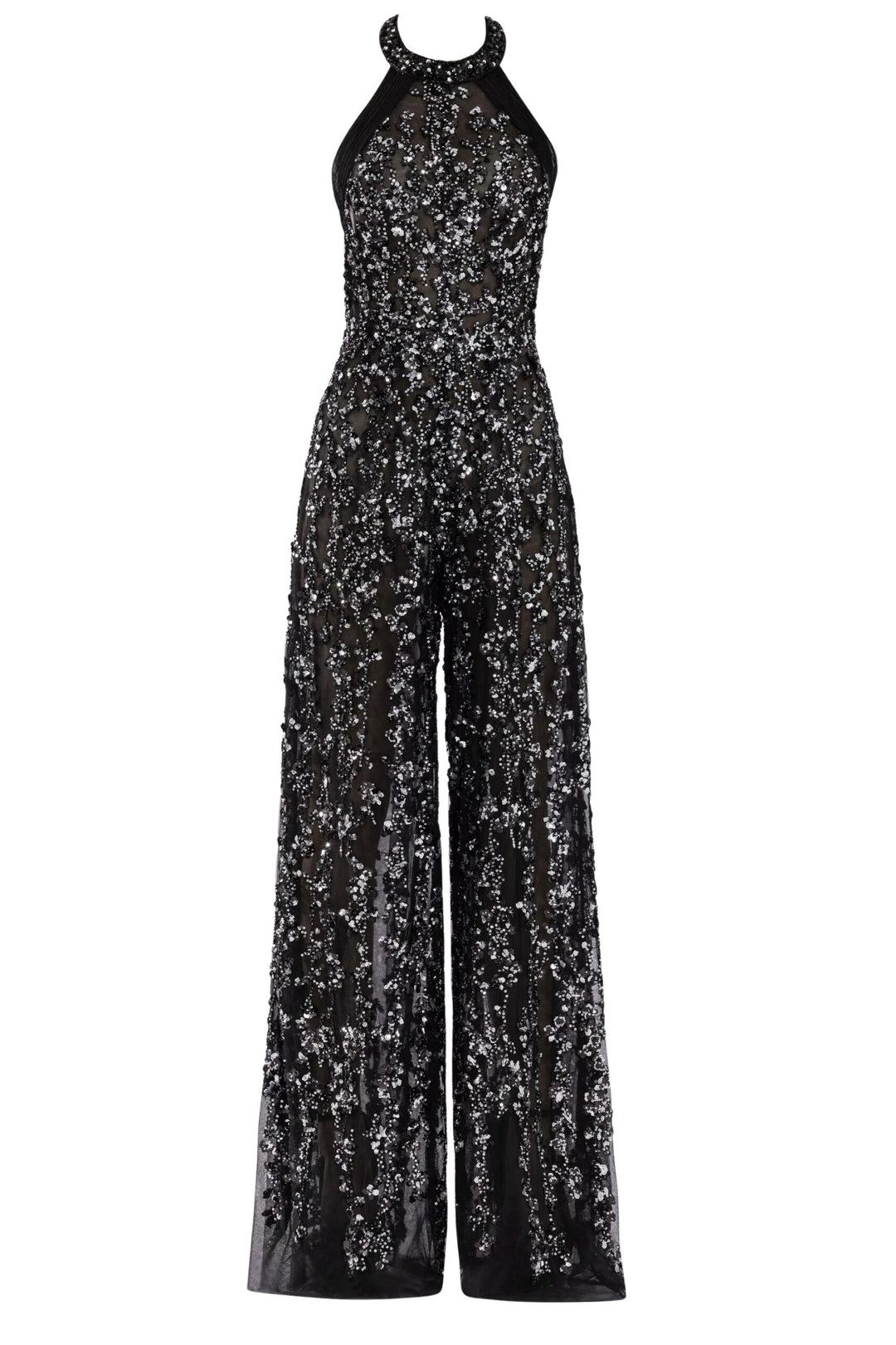 Tulle Beaded Jumpsuit with Halter Neckline