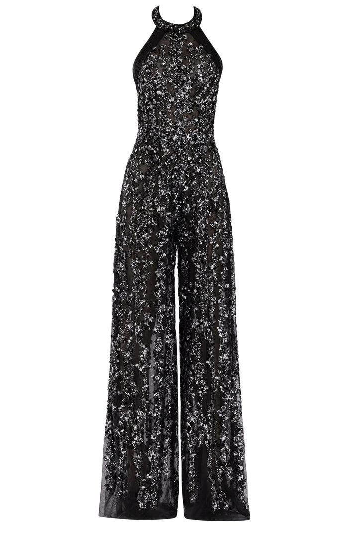 Tulle Beaded Jumpsuit with Halter Neckline