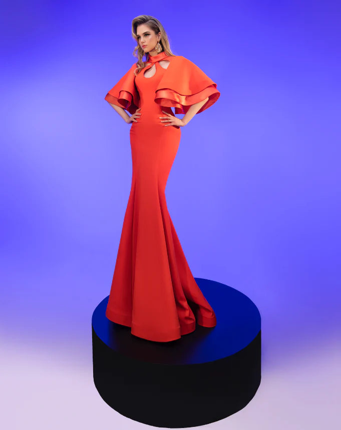 Trumpet Sleeves Cut Out Crepe Gown