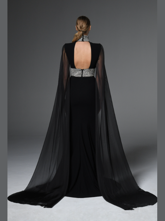 Black crêpe dress with chiffon sleeves