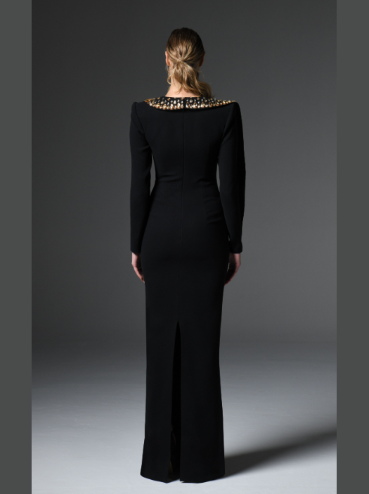 Crepe Dress with Embroidered Collar