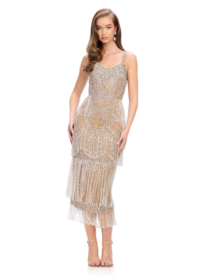 Beaded Midi Dress with Corset Bodice and Fringe