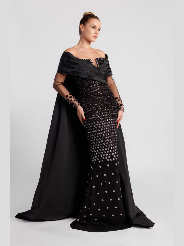 Off-the-Shoulder Evening Dress with Sequin-Embroidered Sleeves