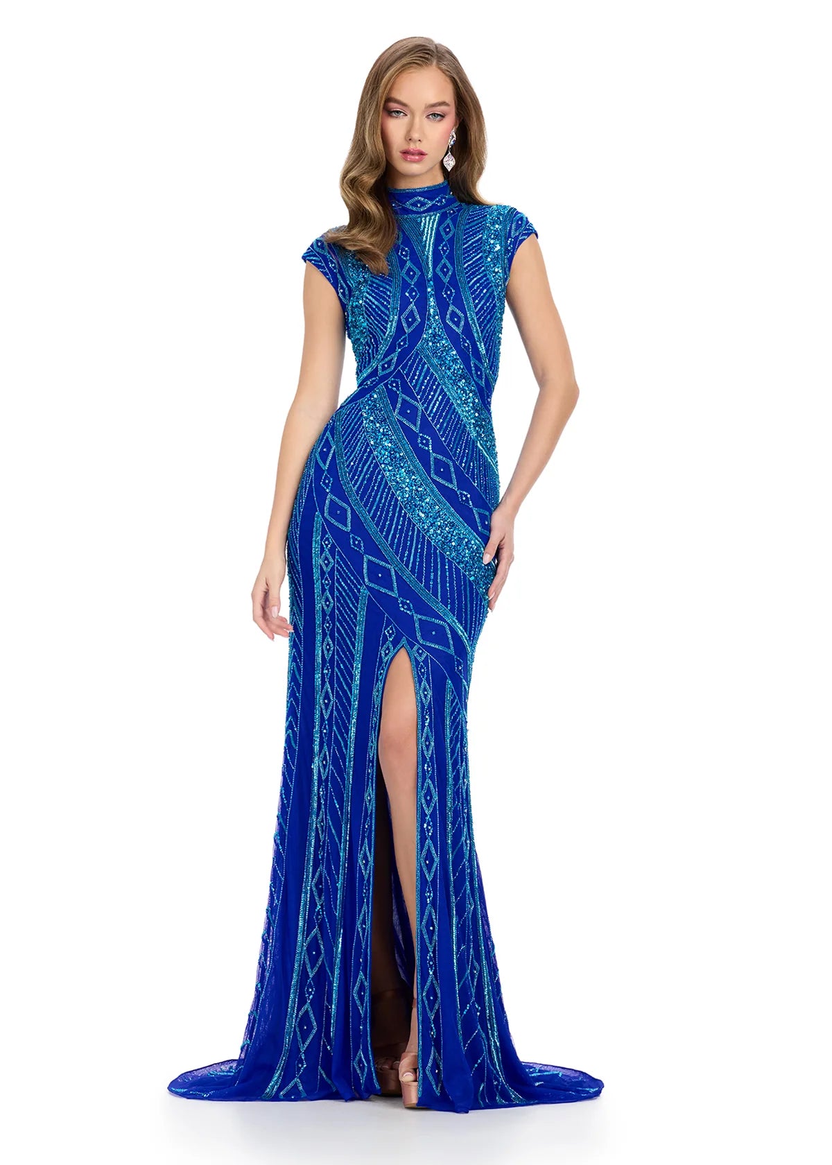 High Neck Beaded Dress with Cap Sleeves
