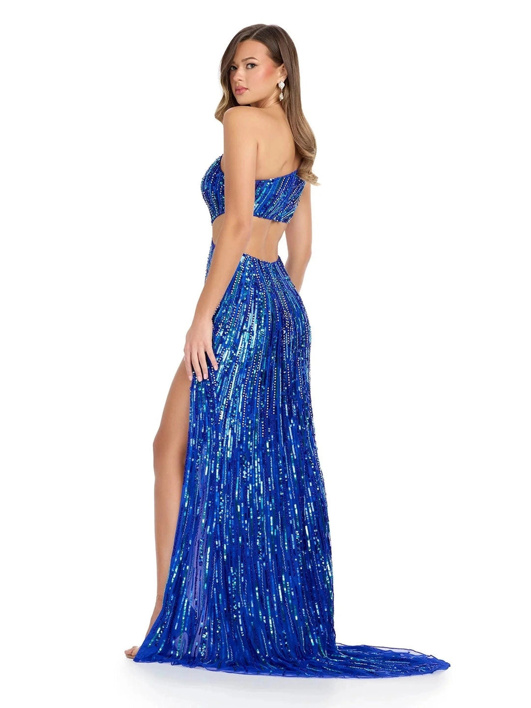 One Shoulder Beaded Gown with Cut Outs