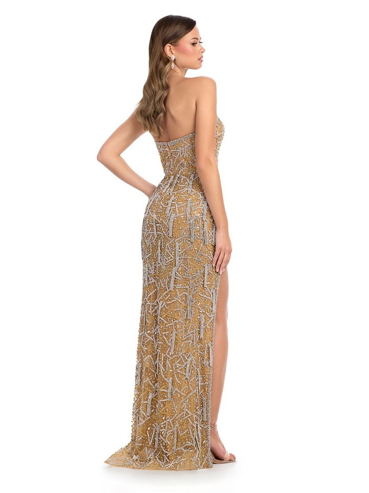 Fully Beaded V-Neck Gown with Fringe