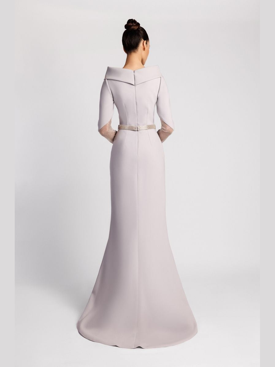 Mermaid Evening Dress with Embroidered Sleeves and Asymmetric Slit