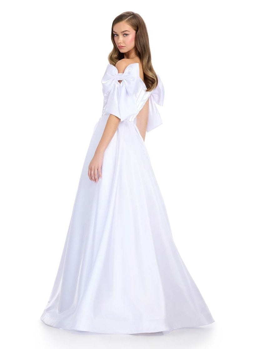 Satin A-Line Gown with Corset Bustier & Off Shoulder Bows
