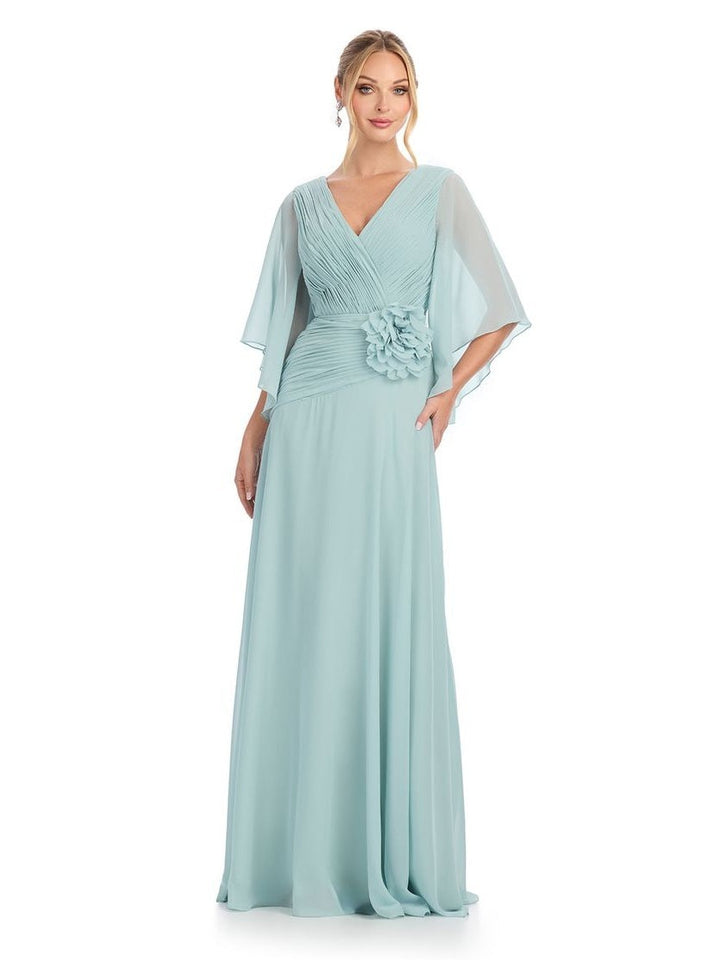 Chiffon Gown with Cape Sleeves & V Neckline