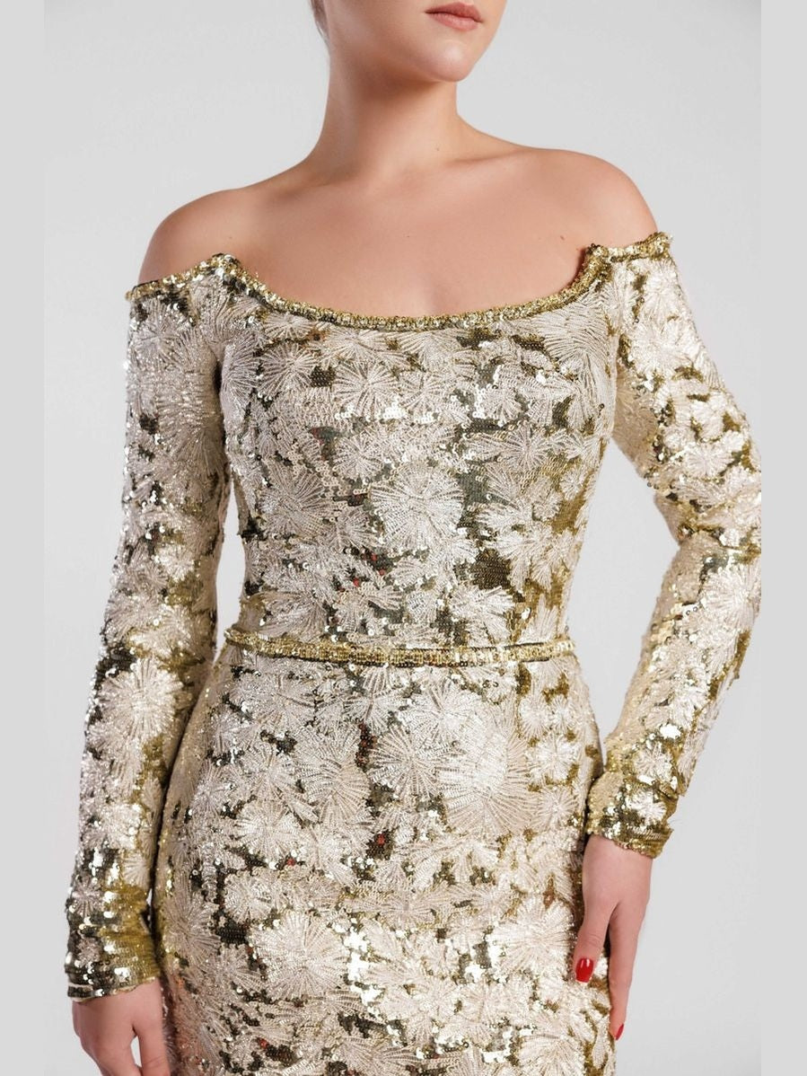 Embroidered Mermaid Evening Dress with Feathered Hem