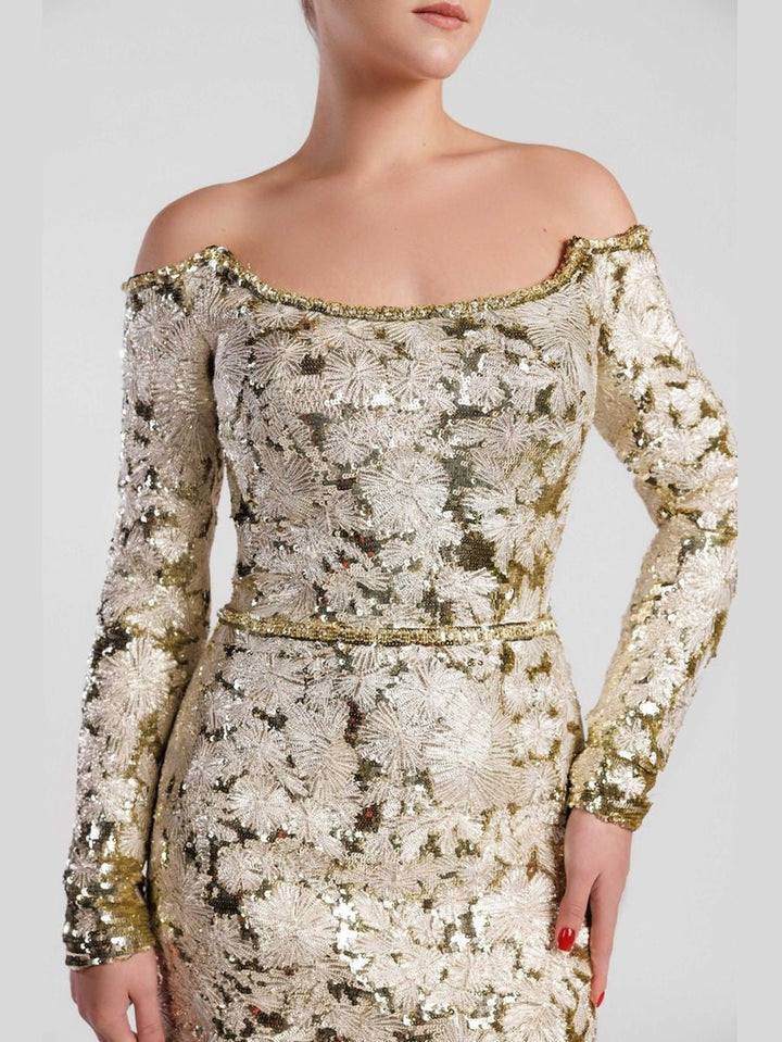 Embroidered Mermaid Evening Dress with Feathered Hem